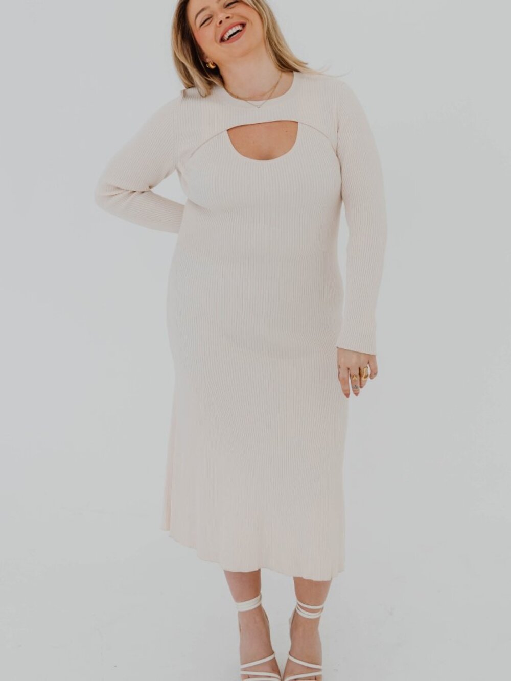 NWT PINKO CREAM RIBBED CUT OUT SWEATER DRESS - 14